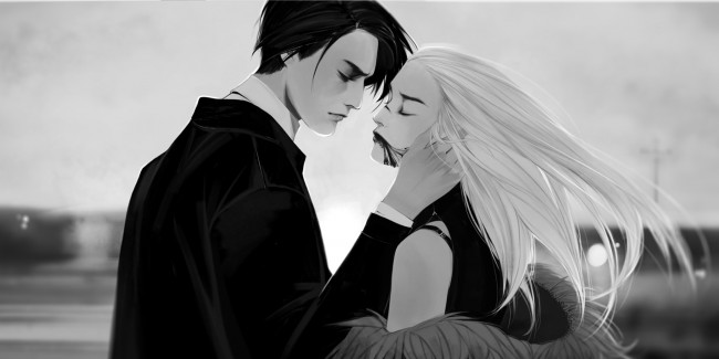 Обои картинки фото рисованное, люди, парень, девушка, прикосновение, ветер, волосы, лицо