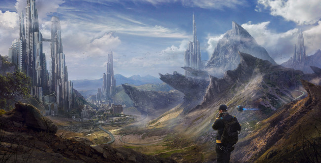 Обои картинки фото фэнтези, фотоарт, город, скалы, горы, фантастика, человек, путешественник, небо, облака