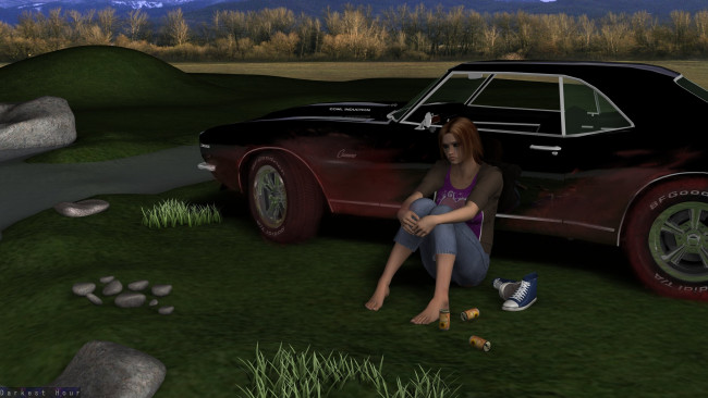 Обои картинки фото автомобили, 3d car&girl, автомобиль, фон, девушка, взгляд