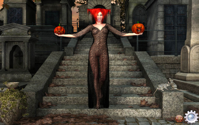 Обои картинки фото 3д графика, праздники , holidays, тыквы, рыжая, взгляд, девушка, фон, лестница