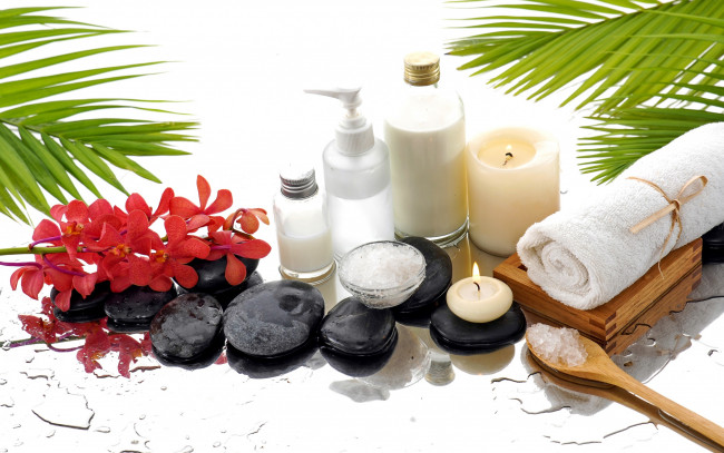 Обои картинки фото разное, косметические средства,  духи, цветы, камни, масло, соль, свечи, спа