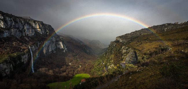 Обои картинки фото природа, радуга, пейзаж, каньён, водопад