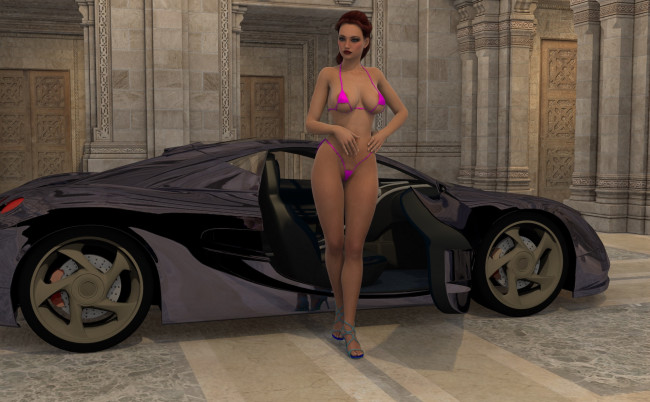 Обои картинки фото автомобили, 3d car&girl, девушка, взгляд, фон, автомобиль