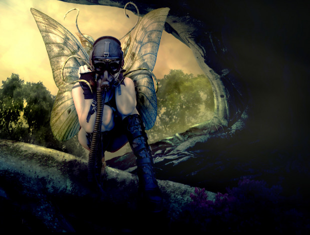 Обои картинки фото фэнтези, фотоарт, противогаз, крылья, фон, девушка