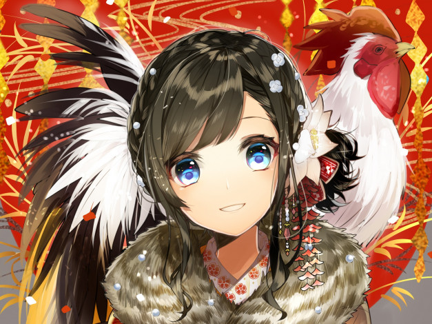 Обои картинки фото аниме, животные,  существа, петух, девушка