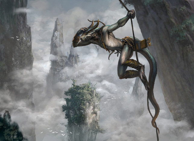 Обои картинки фото фэнтези, существа, веревка, скала, фон, существо