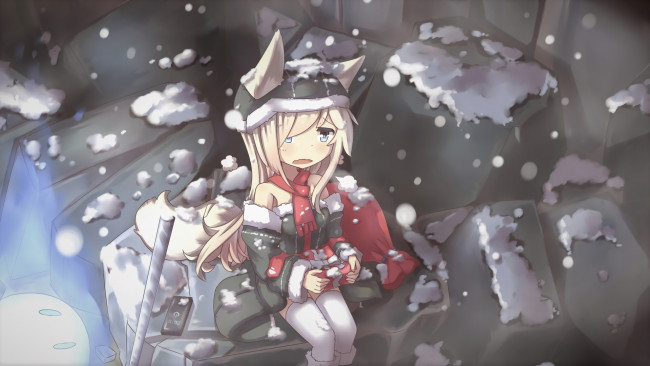 Обои картинки фото аниме, зима,  новый год,  рождество, фон, взгляд, девушка