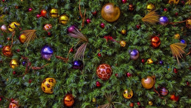 Обои картинки фото разное, компьютерный дизайн, ёлочные, игрушки, новый, год, хвоя, обработка, ёлка, рождество, украшения, новогоднее, настроение, фон, ель, праздник, ёлочка, шарики