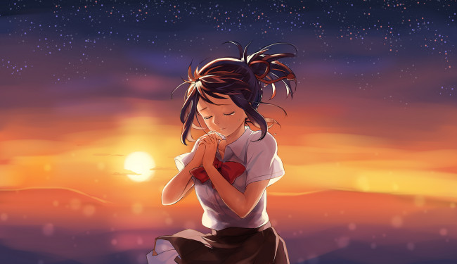 Обои картинки фото аниме, kimi no na wa, фон, взгляд, девушка