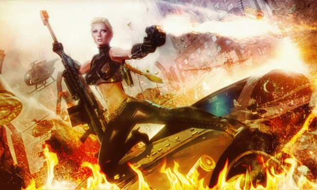 Обои картинки фото фэнтези, девушки, фон, девушка, взгляд, униформа, оружие, вертолет