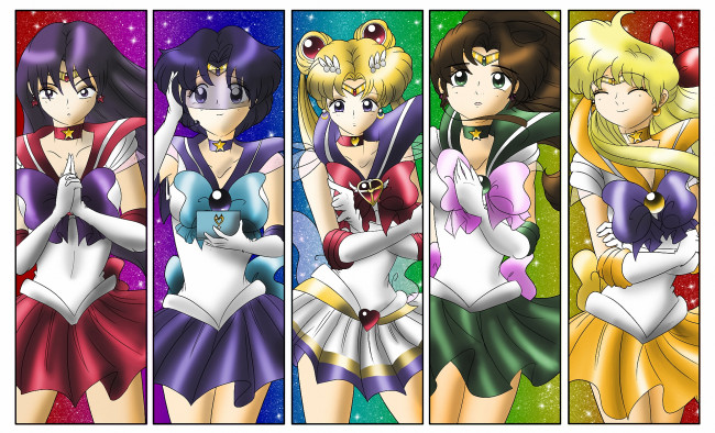 Обои картинки фото аниме, sailor moon, войны, девушки, girls, venus, mercury, jupiter, sailor, moon, mars