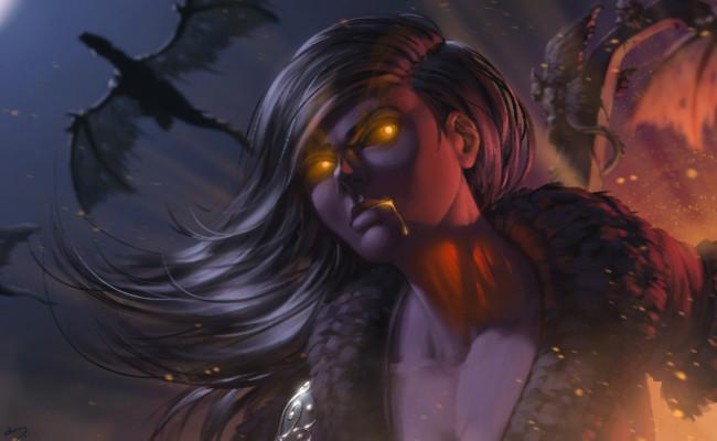 Обои картинки фото фэнтези, демоны, dragon, master, огонь, глаза, тьма, ночь, девушка, дракон, волосы