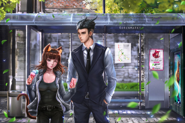 Обои картинки фото аниме, животные,  существа, двое