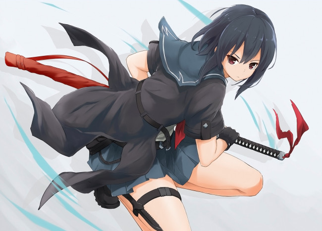 Обои картинки фото аниме, оружие,  техника,  технологии, девушка, взгляд, фон