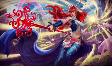 Картинка фэнтези магия девушка посох униформа фон взгляд