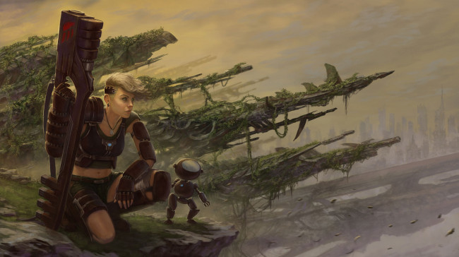 Обои картинки фото фэнтези, роботы,  киборги,  механизмы, робот, оружие, фон, девушка