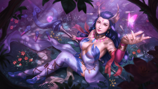 Обои картинки фото фэнтези, магия, бабочка, посох, униформа, улыбка, взгляд, фон, девушка