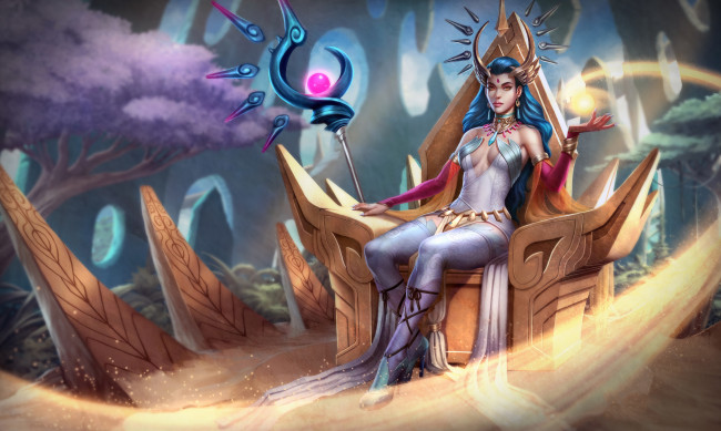 Обои картинки фото фэнтези, магия, посох, девушка, трон, униформа, фон, взгляд