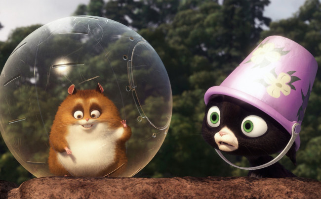 Обои картинки фото мультфильмы, bolt, хомяк, шар, котенок, ведро