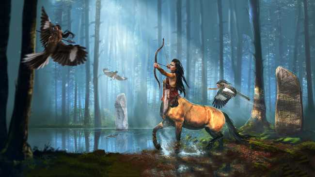 Обои картинки фото фэнтези, существа, фон, кентавр, лук, стрела
