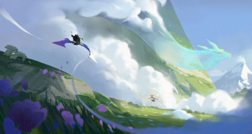Картинка аниме оружие +техника +технологии горы луга облака летательные аппараты