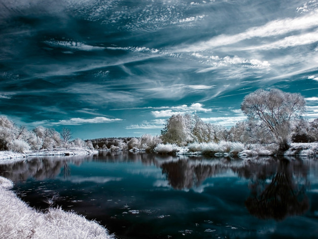 Обои картинки фото разное, компьютерный дизайн, озеро, деревья, облака