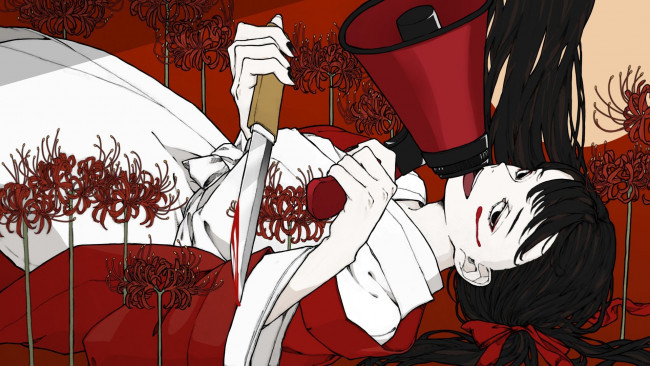 Обои картинки фото аниме, unknown,  другое , девушка, ликорисы, рупор, нож