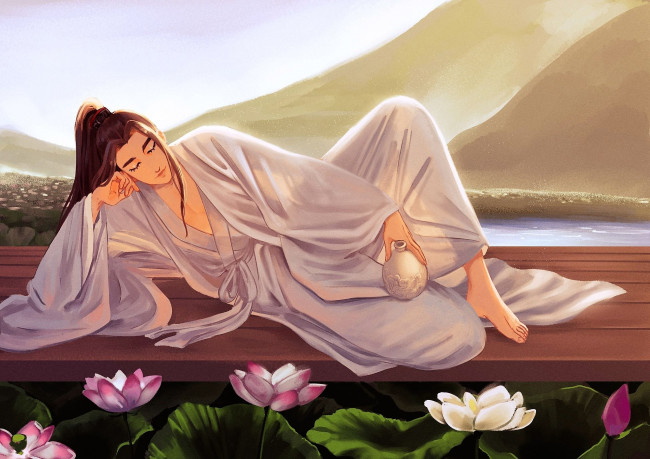 Обои картинки фото аниме, mo dao zu shi, вэй, усянь, кувшин, пристань, лотосы