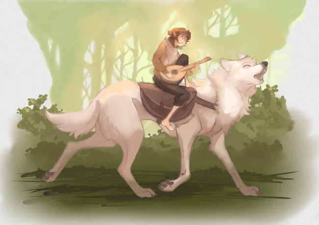 Обои картинки фото аниме, музыка, эльф, инструмент, волк