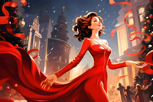 Обои картинки фото рисованное, люди, девушка, наряд, ёлки, новый, год, здания