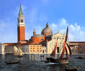 обоя рисованное, adrian rigby, венеция, город, здания, море, лодки