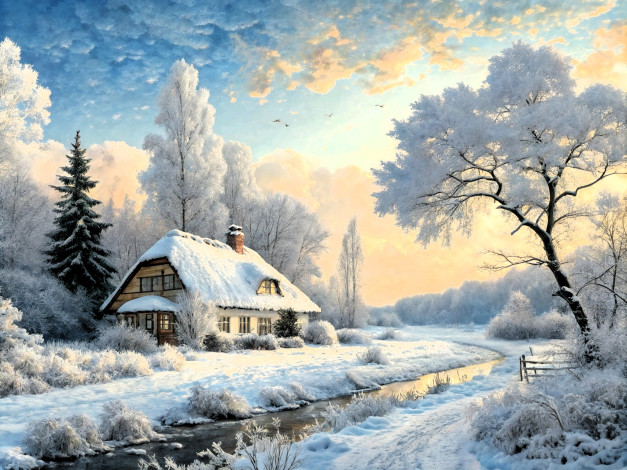 Обои картинки фото рисованное, города, снег, зима, дом, деревья, облака, река