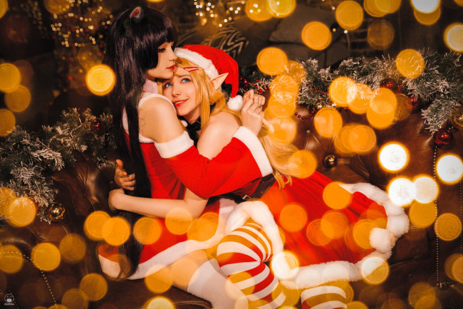 Обои картинки фото девушки, карина салахутдинова , tenletters, образы, косплей, наряды, костюмы, ушки, блики, новый, год, ёлка