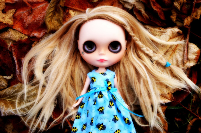Обои картинки фото разное, игрушки, кукла, волосы, листья
