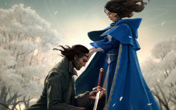 Картинка фэнтези люди преклонение меч мужчина девушка