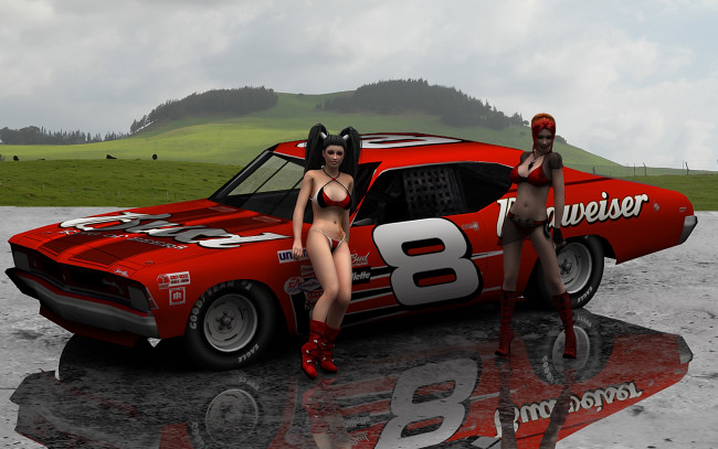 Обои картинки фото автомобили, 3д, сапоги, вершина, поле, девушки, автомобиль