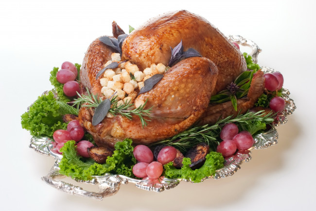 Обои картинки фото еда, мясные блюда, запеченная, виноград, курица