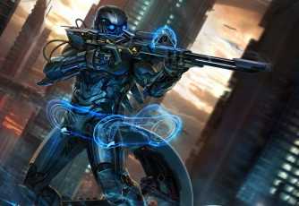 Картинка фэнтези роботы +киборги +механизмы арт интерфейс город винтовка броня снайпер