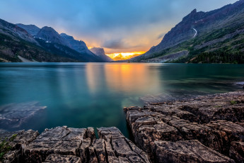 Картинка st +mary+lake +glacier+national+park+сша природа реки озера закат озеро горы парк