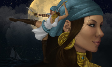 Картинка видео+игры dragon+age+2 лицо девушка isabela dragon age 2 арт корабль луна кинжалы грудь движение