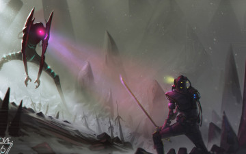 Картинка фэнтези роботы +киборги +механизмы самурай горы катана меч снег скалы робот