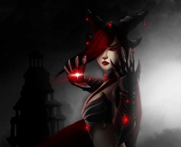 Обои картинки фото видео игры, world of warcraft,  cataclysm, alexstrasza, the, deathbinder, девушка, world, of, warcraft, cataclysm, магия, глаз, рука, темно