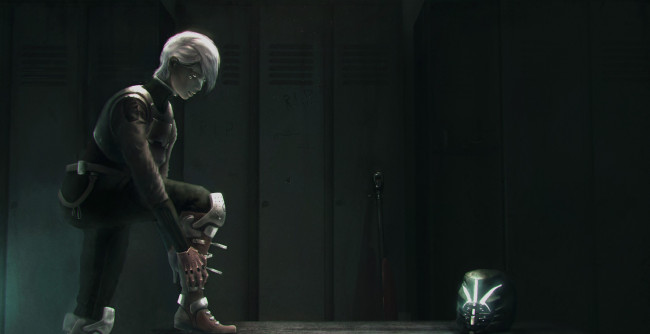 Обои картинки фото фэнтези, девушки, оружие, броня, шлем, девушка, раздевалка, шкафчик