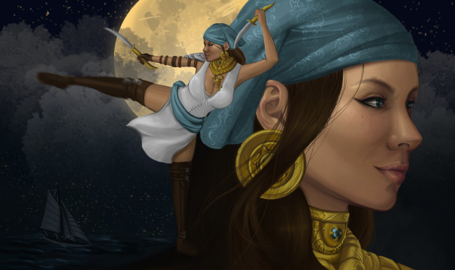 Обои картинки фото видео игры, dragon age 2, лицо, девушка, isabela, dragon, age, 2, арт, корабль, луна, кинжалы, грудь, движение