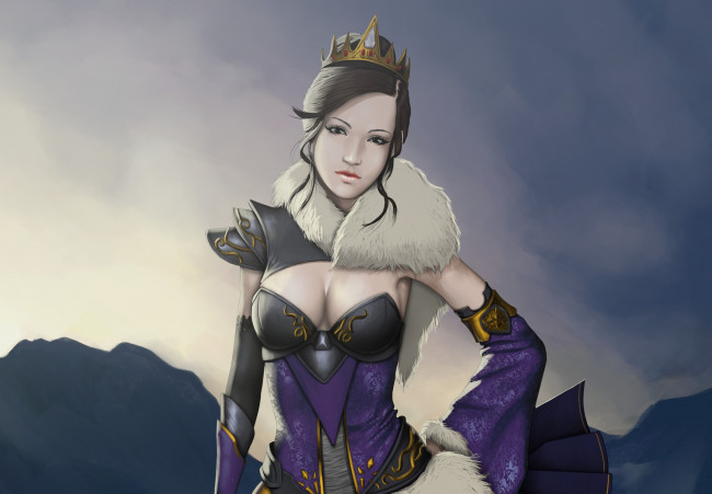 Обои картинки фото фэнтези, девушки, корона, грудь, платье, арт, взгляд, девушка