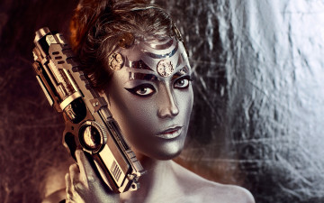 Картинка фэнтези фотоарт взгляд девушка боди арт body art оружие