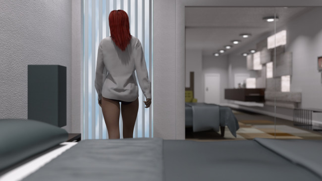 Обои картинки фото 3д графика, люди , people, интерьер, фон, взгляд, девушка