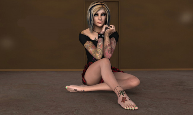 Обои картинки фото 3д графика, люди , people, фон, девушка, тату, взгляд, пирсинг