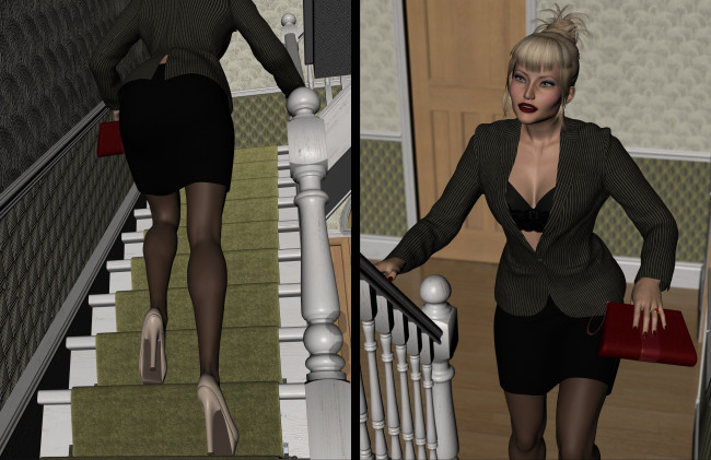 Обои картинки фото spy games, 3д графика, фантазия , fantasy, лестница, фон, взгляд, девушка