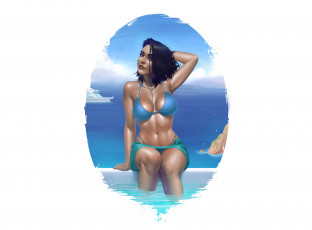 Картинка рисованное люди взгляд яхта море фон купальник девушка